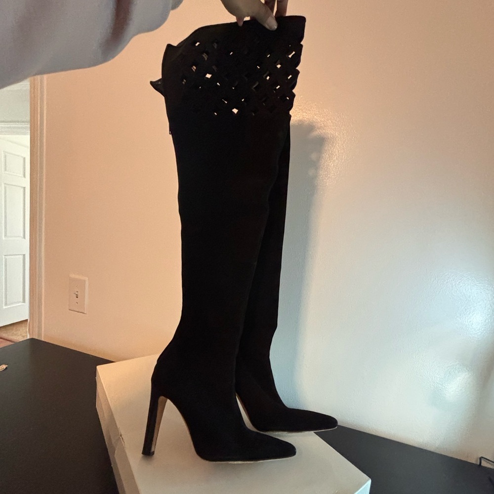 Manolo Blahnik knee high black suede boots